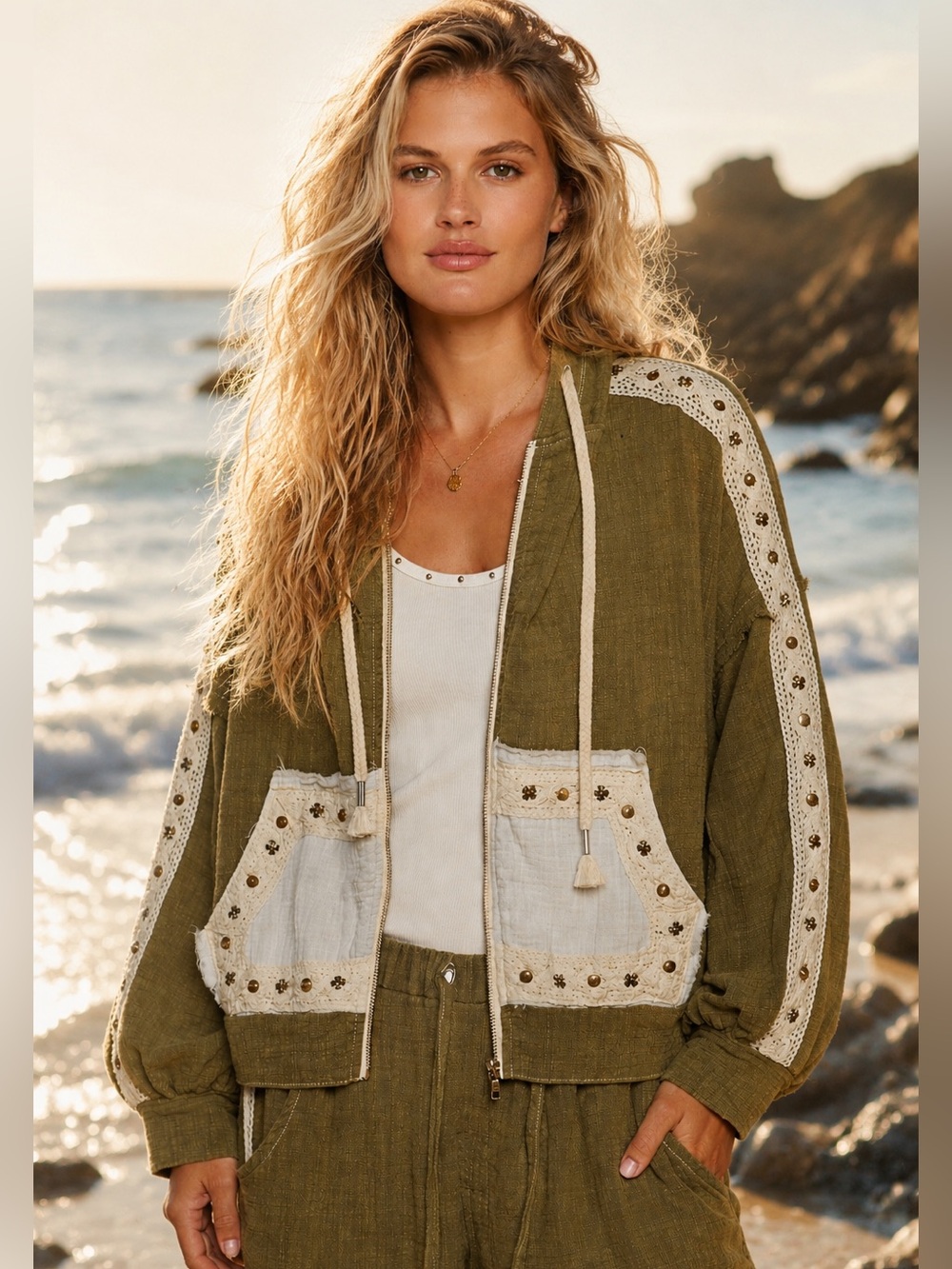 POL Olive Green Hooded Bomber Jacket with Cream Lace Trim